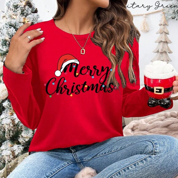 Tops - White Casual Women's Plus Size Christmas Red Round Neck Long Sleeve T-Shirt With
